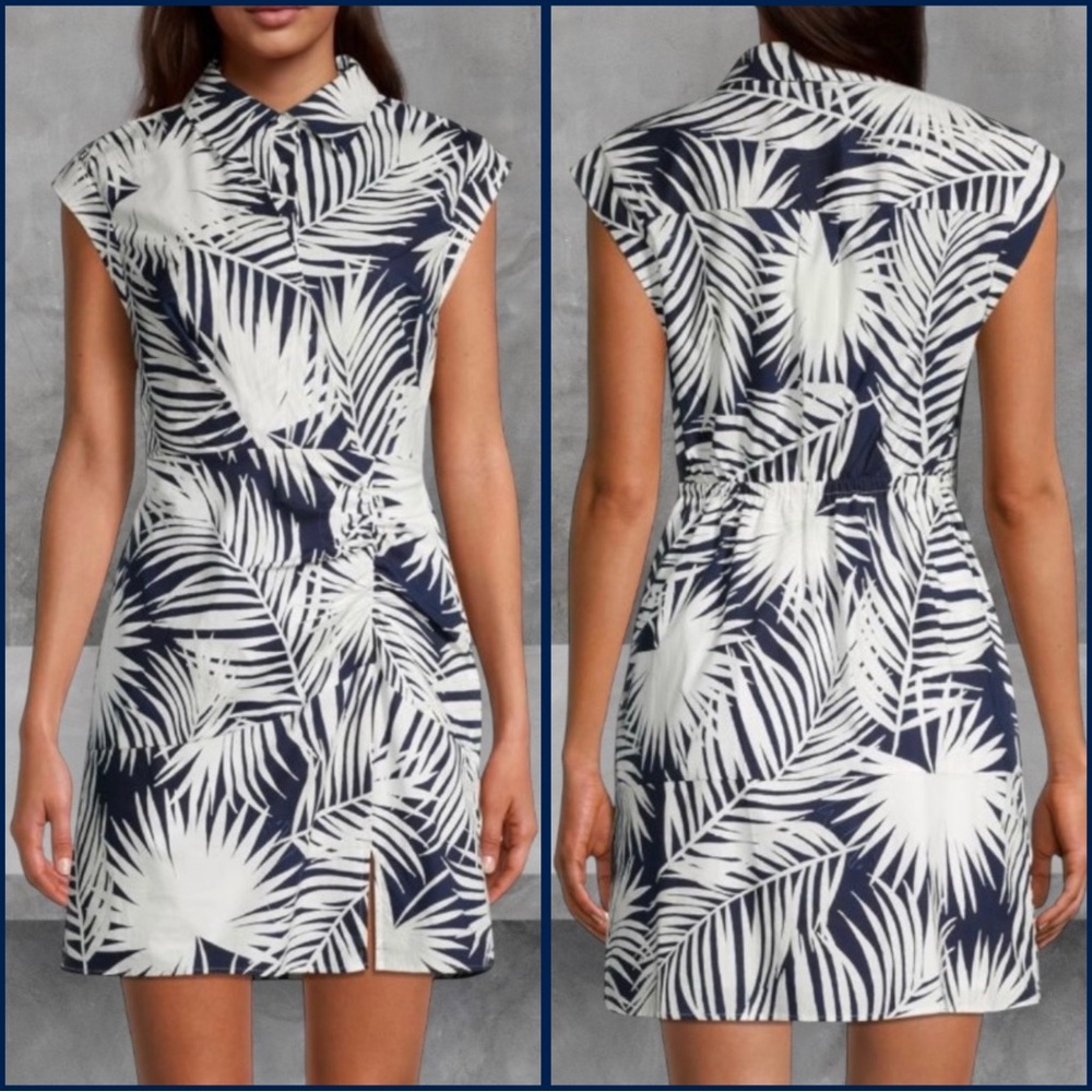 MILLY Maxwell Palm Print Poplin Dress Navy Blue & White Size 12 - Picture 3 of 15